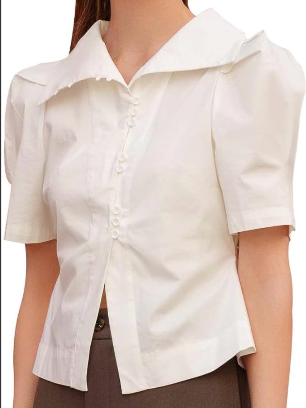 Women's White High Collar Button-Front Short Sleeve Blouse